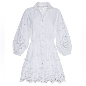 Cara Cara Robin Embroidered Eyelet White Button-Down Tiered 3/4 Sleeve Dress M